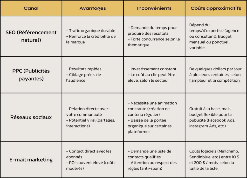 Marketing digital - Canaux numérique tableau comparatif