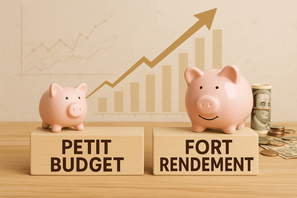 Web marketing illustration: low budget and high return represented by two piggy banks against a background of a growing graph.