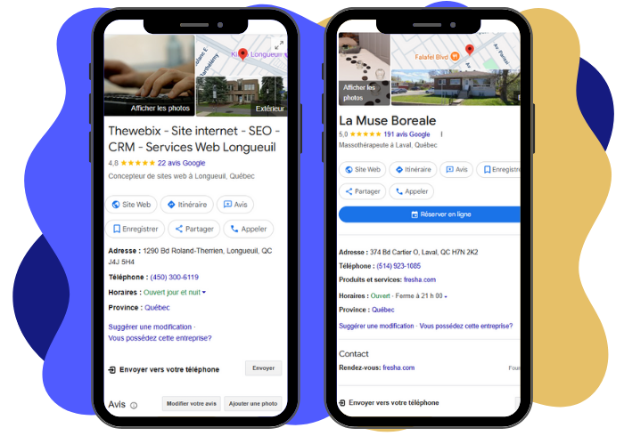 Exemple de fiches google my business sur deux téléphonnes cellulaires - SEO local
