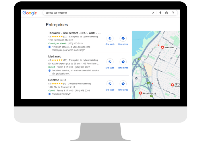 exemple de recherche sur google pour une agence seo à longueuil - SEO local